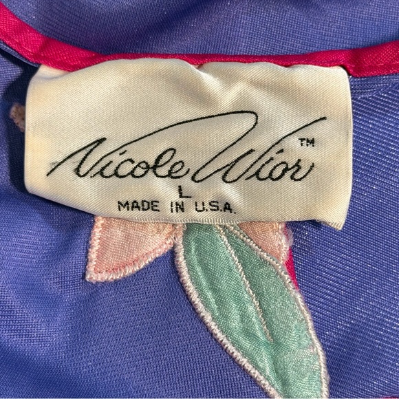 VINTAGE 80s silky nylon nightgown maxi long gown purple blue short sleeve floral - Picture 9 of 12